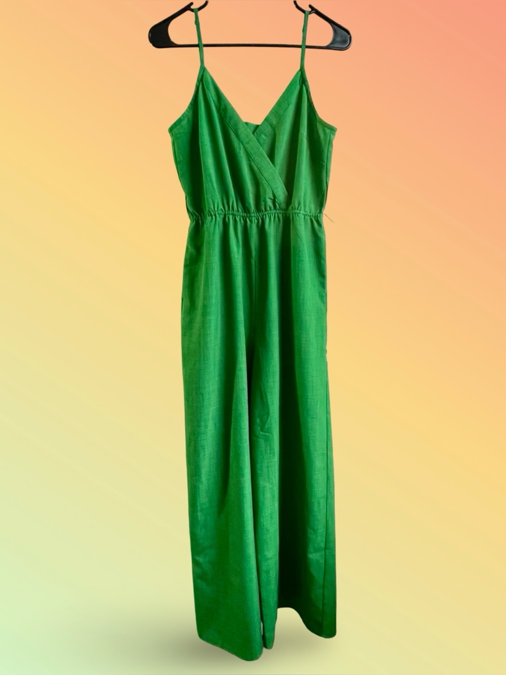 Flying Tomato Green Pull on Jumpsuit V-Neck Spaghetti Strap Wide Leg SzS Pockets